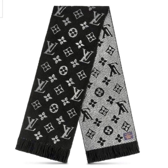 🎁 NWOT Louis Vuitton Logomania Scarf Black Metallic Silver - Picture 5 of 5